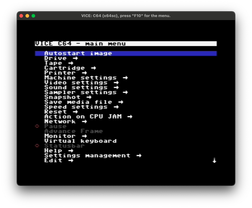 Menu principal dans VICE