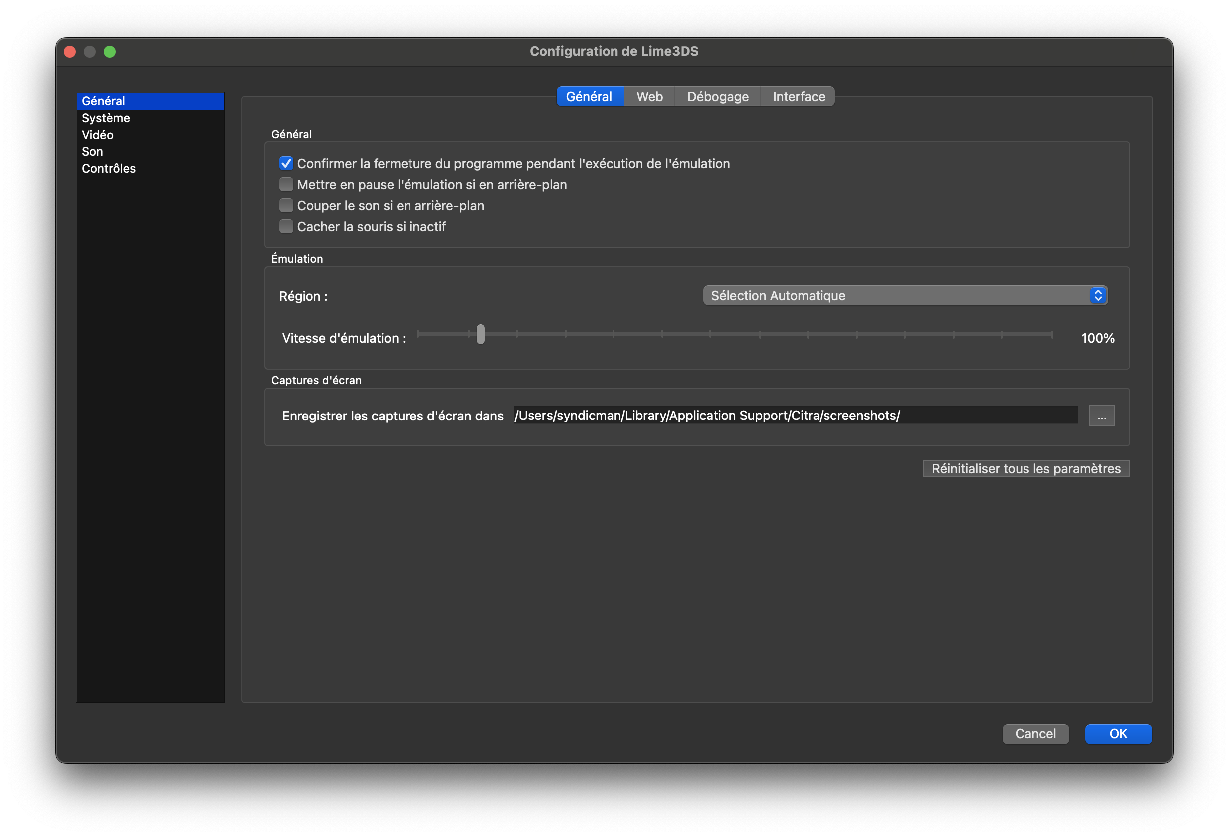 Les réglages de Lime3DS