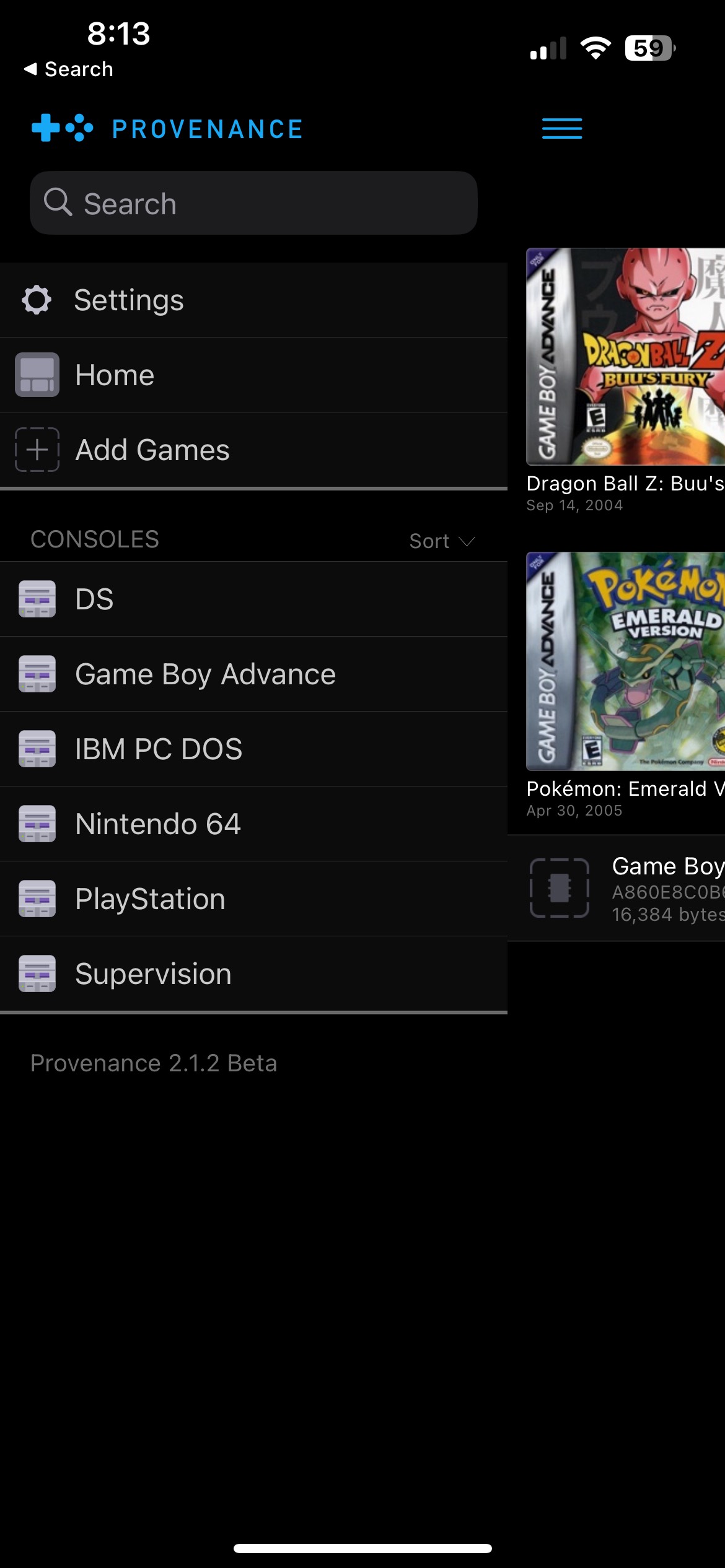 Menu lateral de Provenance sur iOS
