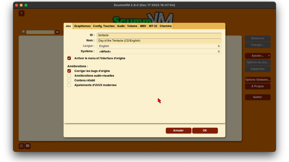les options de scummvm pour un jeu