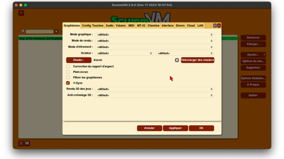 Les options graphiques globales de scummvm