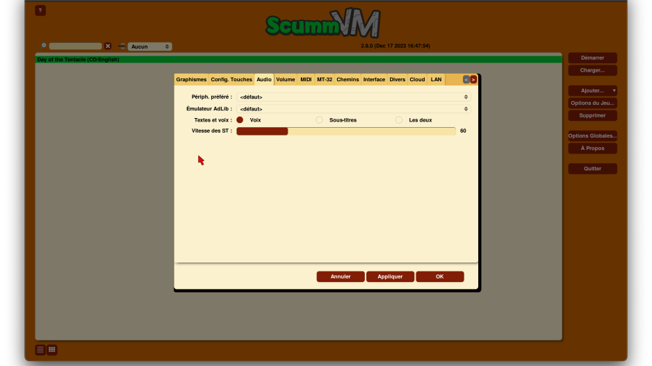 les options audio de scummvm