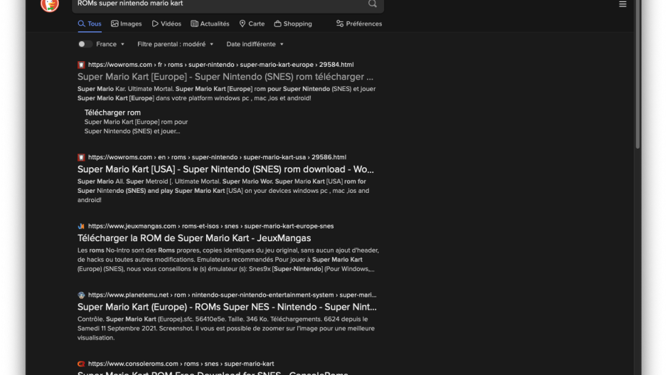 Recherche de roms sur duckduckgo